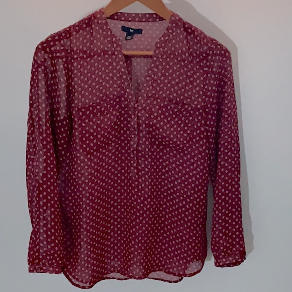 Gap Women’s Maroon/Print Long Sleeve 1/4”Sheer Button Down Size X-Small